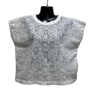 Vintage Beeline Fashions Lace White Top M Union Made USA Boxy Short Sleeve Retro